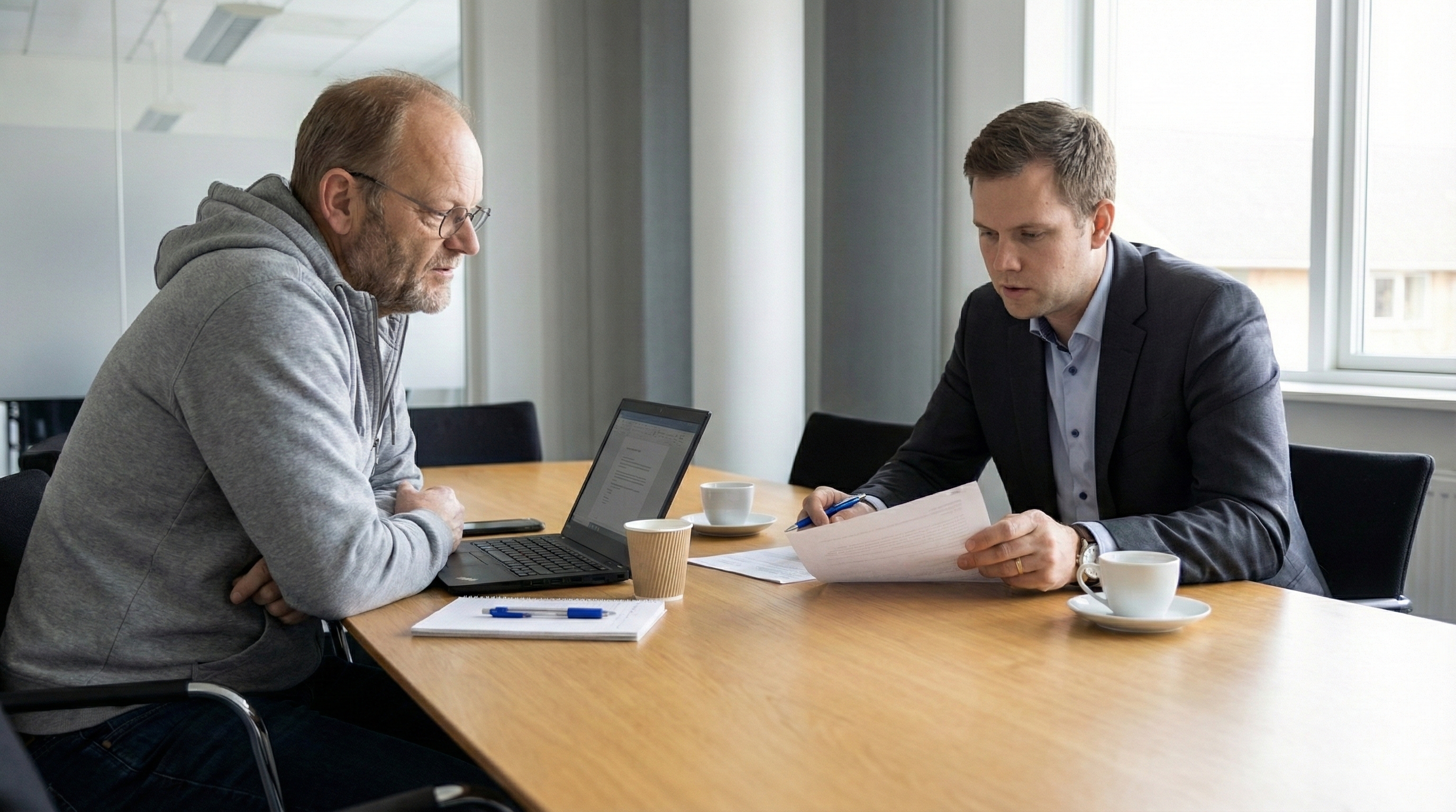 Strategiegespräch: Zwei Männer besprechen Dokumente